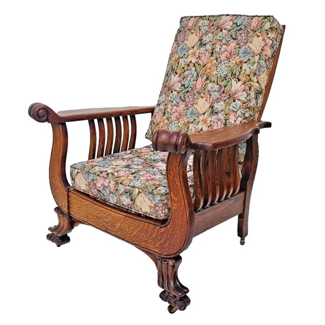 Victorian Antique Arts & Crafts Tiger Oak Morris Recliner Chair With Push Button Mechanism c.1900 For Sale - Image 3 of 18