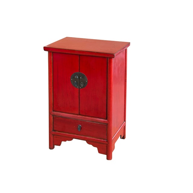 Oriental Distressed Red Medallion Hardware End Table Nightstand For Sale - Image 4 of 10
