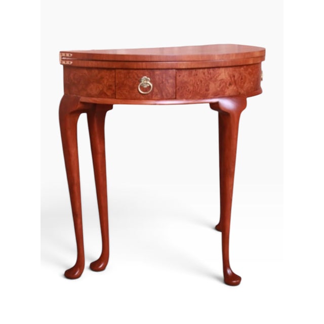 Brown Baker Furniture Burled Walnut Queen Anne Flip Top Demilune Console Table For Sale - Image 8 of 11