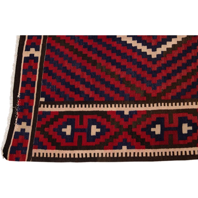 Mid-20th Century Turkish Kilim Red Handmade Geometric Wool Rug For Sale - Image 4 of 10