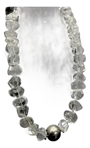 Gemstone Necklace Outstanding Large Chunky Polished Rock Crystal, Thick Round Sterling Silver Clasp and Accent Beads.