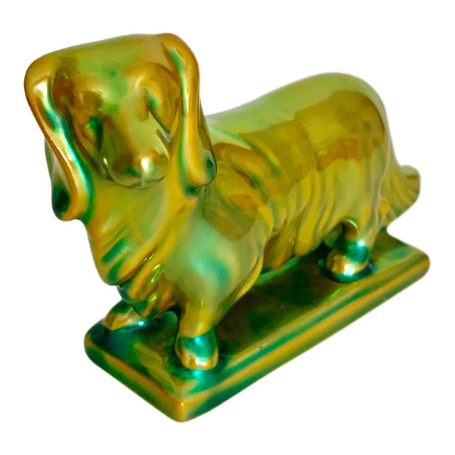 Vintage Zsolnay Hungary Dachshund Weiner Dog Green Glaze Figurine For Sale