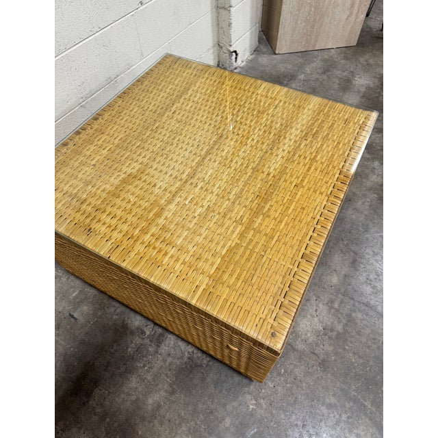 Wood Boho Coastal Wicker Glass Top Cube Coffee Table For Sale - Image 7 of 10