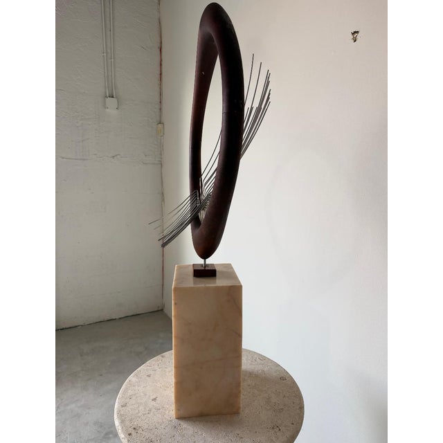 Brown 1970s Mid-Century Modern Barbara Hepworth-Style Wood & Metal Abstract Sculpture on Marble Base For Sale - Image 8 of 16