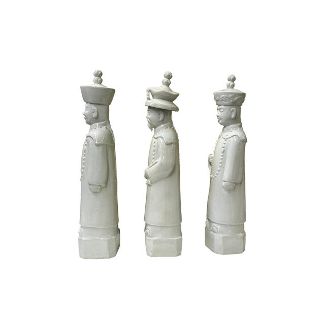 Chinese 15" Chinese White 3 Standing Ching Qing Emperor Kings Figure Set For Sale - Image 3 of 6