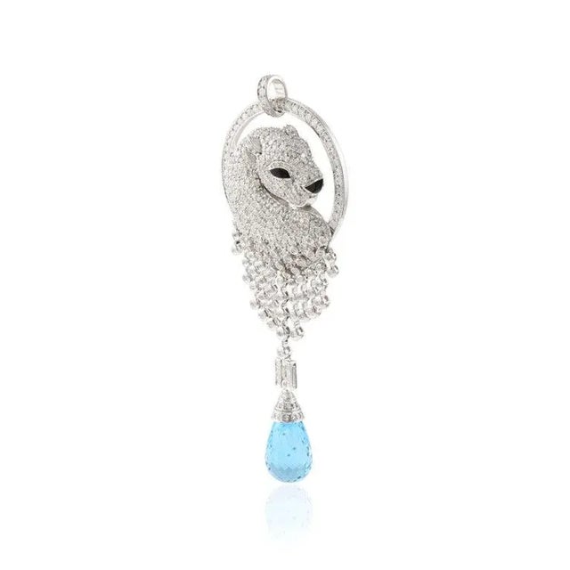 5.1ct Diamond Panther Pendant in 14k White Gold With 16.67ct Blue Topaz For Sale In New York - Image 6 of 12