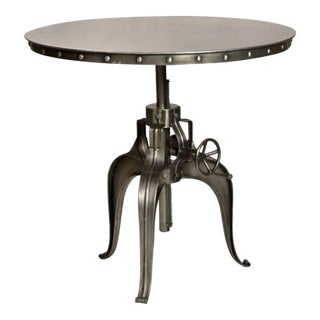 Industrial Steel Rivet-Trim Round Crank Pedestal Pub, Dining, or Coffee Table For Sale