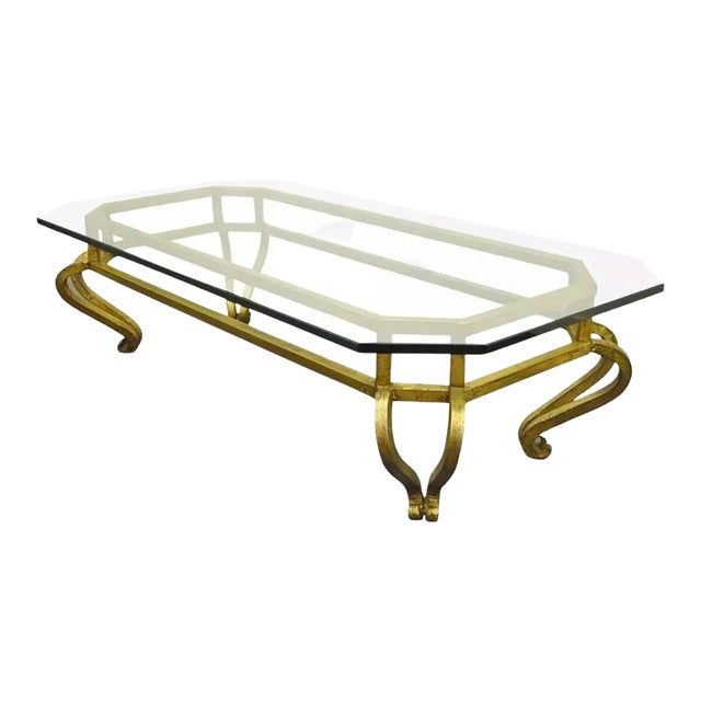 Vintage Arturo Pani Style Hollywood Regency Gold Gilt Iron & Glass Coffee Table For Sale