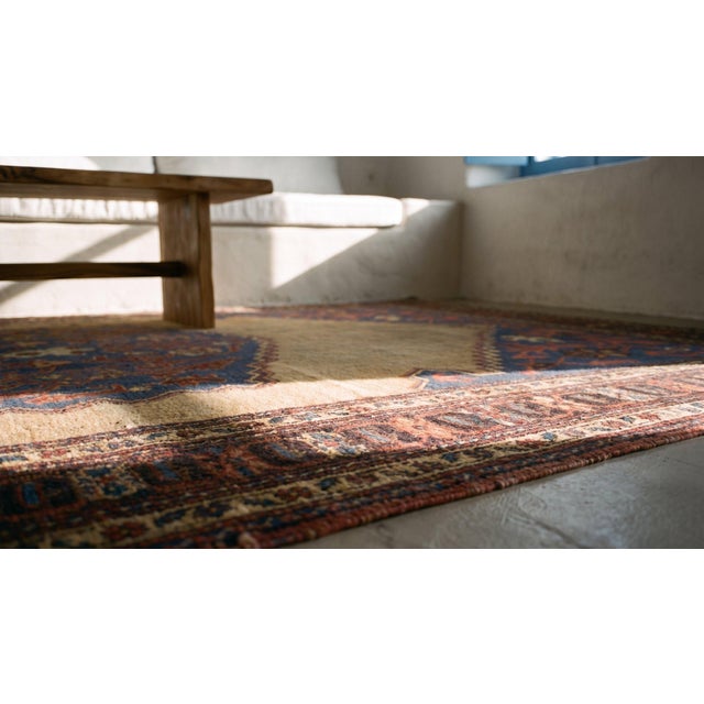 Splendid Tan Beige and Blue Color With Florid and Geometric Design Antique Bakshaiesh Rug For Sale - Image 10 of 11