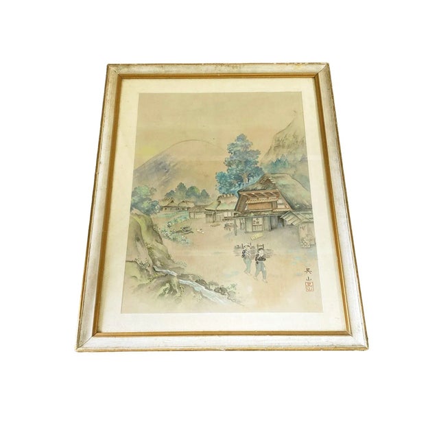Asian Old Water Color Landscape Painting on Silk Framed 22.5" H For Sale - Image 4 of 10