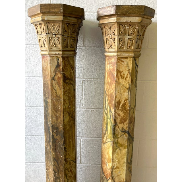 19th Century Tuscan Marbleized, Carved & Gilt 76" Columns/ Pedestals - a Pair For Sale - Image 10 of 12