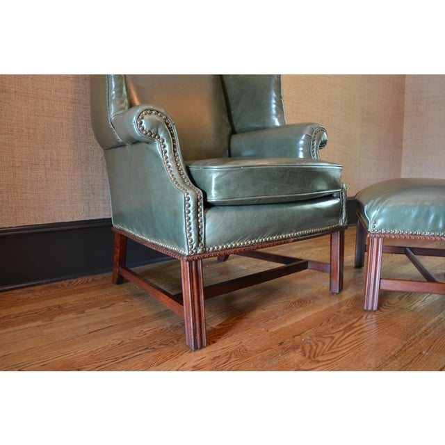 Late 20th Century Late 20th Century Leather Chippendale Wing Chair and Ottoman For Sale - Image 5 of 10