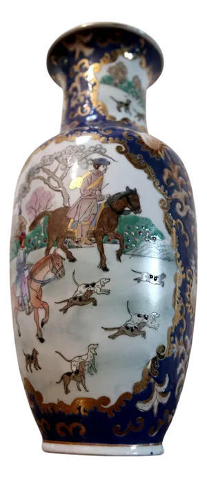 1940s Blue, White and Gilt Baluster Vase with Asian Men on Horseback, Hunt Scene