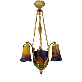 Art Deco Pâte De Verre Glass and Bronze Four-Light Chandelier attributed to Noverdy, France, 1920s For Sale