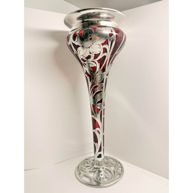 Glass Sterling Silver and Red Glass Inlayed Art Nouveau Trumpet Vase For Sale - Image 7 of 12