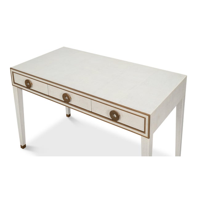 Animal Skin Art Deco Shagreen Writing Desk in White with Brass Ring Pulls For Sale - Image 7 of 12
