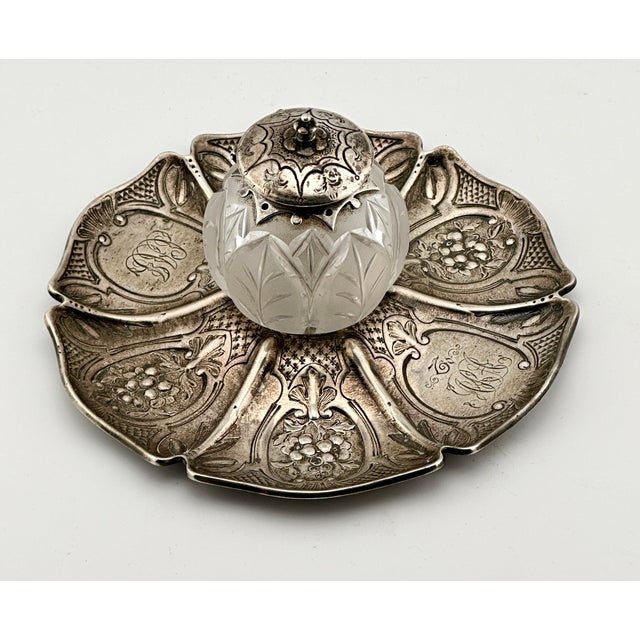 Outstanding Antique Victorian Hand Made London Sterling Silver & Hand Gut Crystal Inkwell - Circa 1865 For Sale - Image 10 of 18
