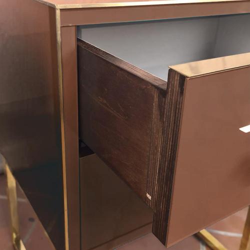 Not Yet Made - Made To Order Brown Glass Bedside Tables with Brass and Grey Velvet by Justfurnituress, Set of 2 For Sale - Image 5 of 6