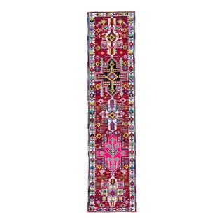 Vintage Red Turkish Handmade Multicolor Geometric Pattern Wool Runner For Sale