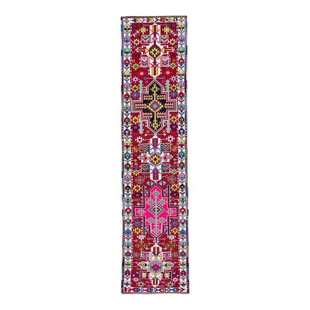 Vintage Red Turkish Handmade Multicolor Geometric Pattern Wool Runner For Sale