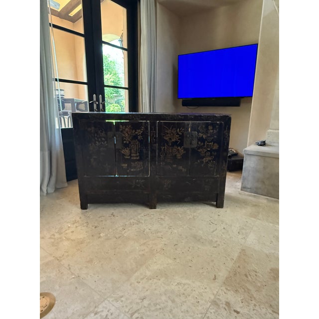 1930s Chinese Black Chinoiserie Painted Cabinet, Adapted for Media For Sale - Image 13 of 13