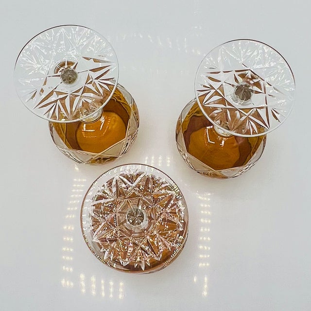 Vintage Bohemian Amber Cut-to-Clear Wine Glasses, 1950s, Set of 3 For Sale - Image 10 of 11