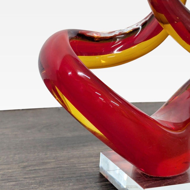 2000 - 2009 Modern Abstract Red and Amber Glass Sculpture on Clear Base For Sale - Image 5 of 7