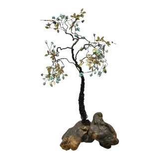 Brutalist Modern Copper Wire 14" Bonsai Tree Brass Leaves Stone Fruit Sculpture For Sale