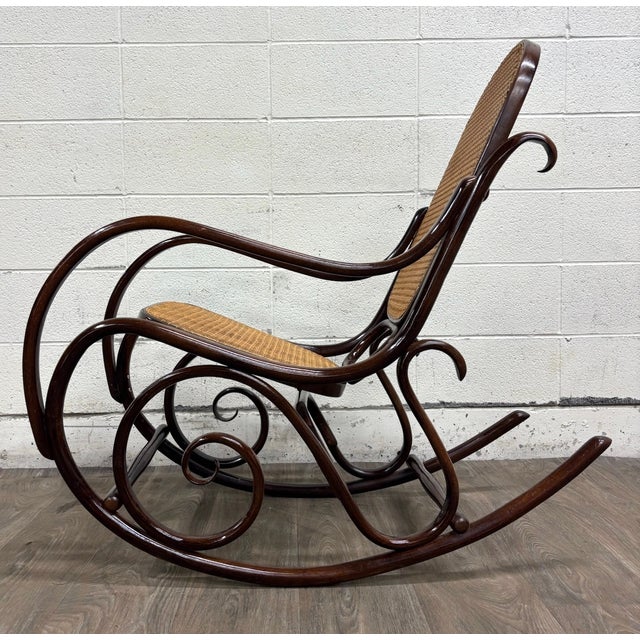 Vintage Thonet Style Bentwood Beechwood Cane Seat Cane Back Rocking Chair For Sale - Image 10 of 17