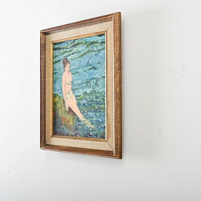 Textile French Vintage Framed Portrait of a Lady Swimming For Sale - Image 7 of 8