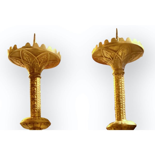 Pr. Antique French Art Nouveau Gilt Brass Alter Candlesticks For Sale - Image 14 of 17