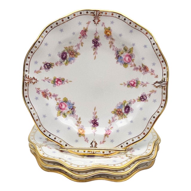 Mid 20th Century English Royal Crown Derby Bone China Floral Bread Plate Royal Antoinette Pattern 6" 4 Pieces For Sale
