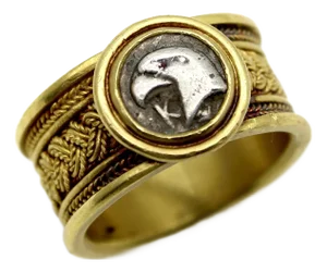 1970s Vintage 22k Gold Wirework Ring With Ancient Silver Eagle Coin, Size 6.25