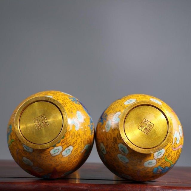 Yellow Late 19th Century Pair of Yellow Cloisonné Enamel Dragon and Phoenix Vases For Sale - Image 8 of 9
