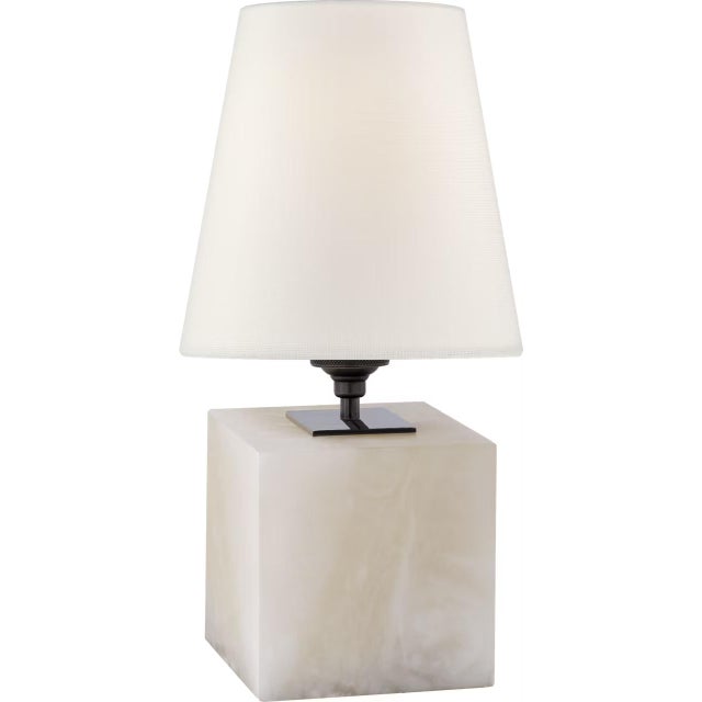 Modern Thomas O'Brien by Visual Comfort Signature Terri Cube Accent Lamp in Alabaster with Linen Shade For Sale - Image 3 of 3