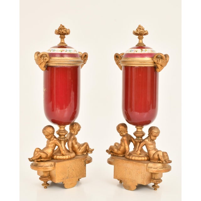 Ceramic Antique French Gilt Bronze & Porcelain Three-Piece Figural Clock Garniture For Sale - Image 7 of 13