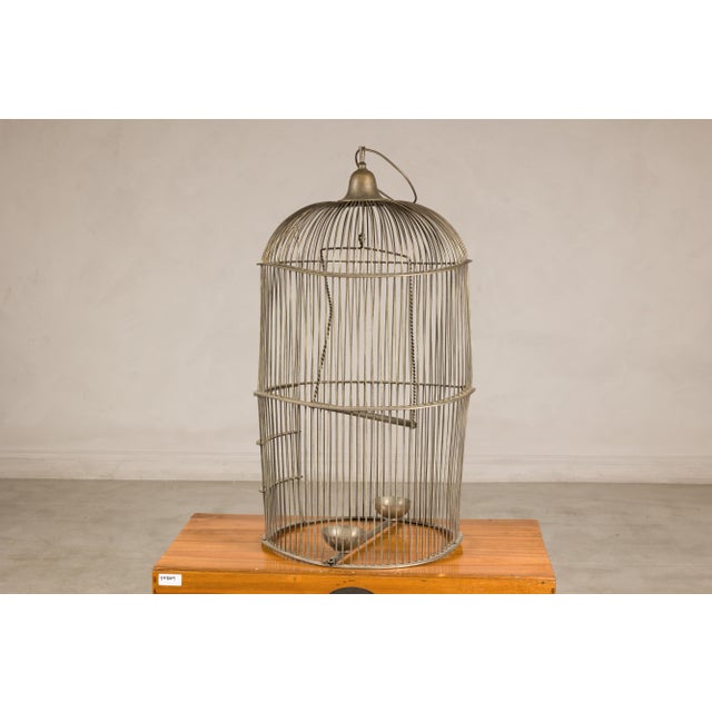 Indian Antique Indian Brass Bird Cage with Domed Top and Original Perches For Sale - Image 3 of 14