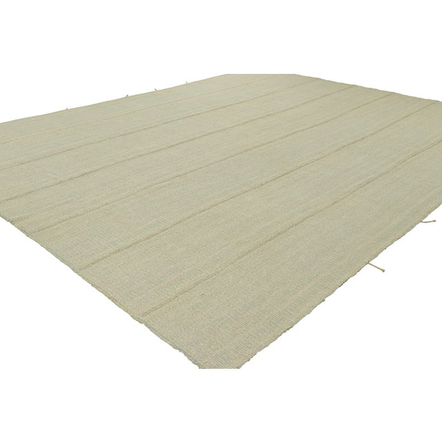 Rug & Kilim Rug & Kilim’s Contemporary Oversized Kilim in Blue and Beige Textural Stripes For Sale - Image 4 of 7