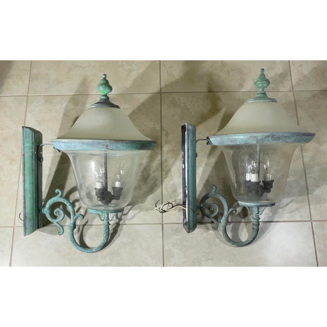 Pair of Vintage Solid Brass Outdoor Sconces - Large Verdigris Patina Lanterns For Sale - Image 4 of 16