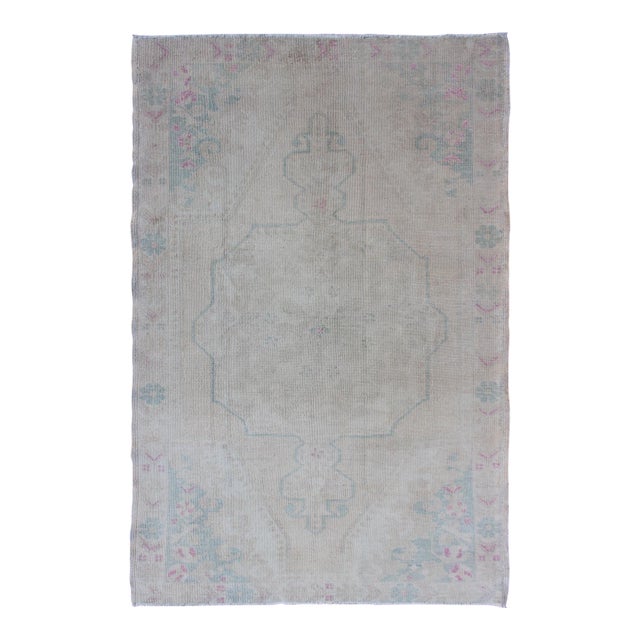 Vintage Turkish Oushak Rug in Pale Blue, Taupe and Soft Pastel Tones For Sale