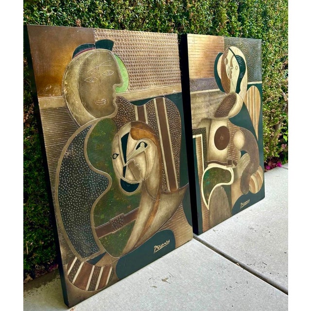 Pair Mid-Century Picasso-Style Carved & Gilded Wood Panels Attributed to Enrico Baj For Sale - Image 13 of 18