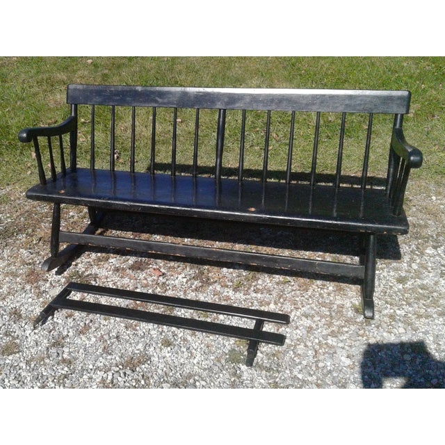 Antique American Primitive 1840s Wooden Black Rocking Bench w Wooden Plank Seat and Gate An American Primitives Antique...