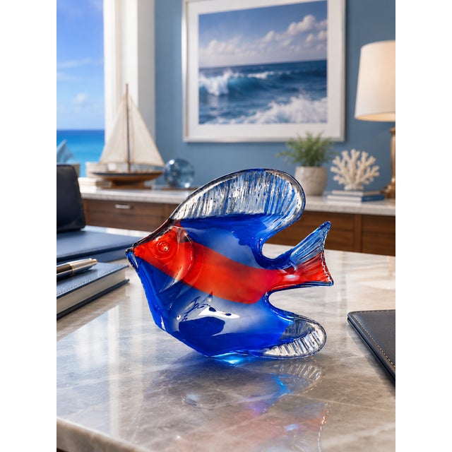 Vintage Murano Style Hand Blown Glass Coastal Angelfish Sculpture / Paper Weight – Blue Red Tropical Fish 6" For Sale - Image 9 of 12