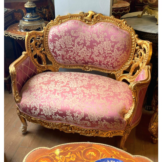 Rococo French Rococo Loveseat – Pink Damask Upholstery, Ornate Gold Leaf Frame & Carved Floral Details For Sale - Image 3 of 3