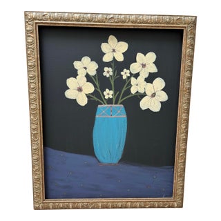 Large Original Primitive Painting of Cheerful Flowers in a Blue Vase For Sale