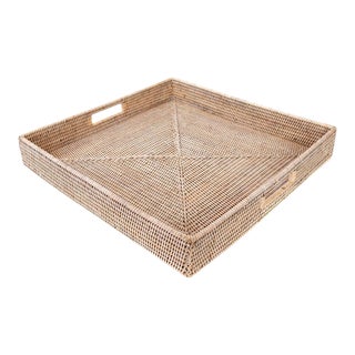 Artifacts Rattan Square Ottoman Tray with Cutout Handles in White Wash - 20" For Sale