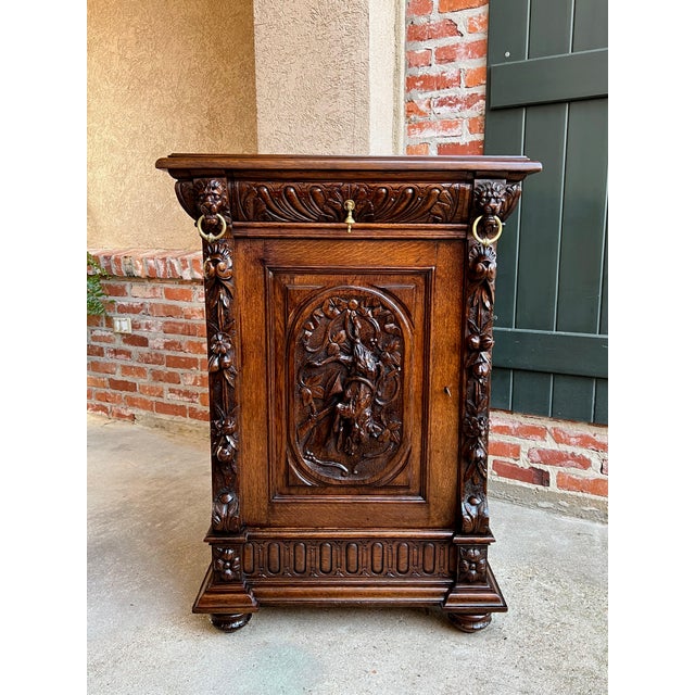 French Provincial 19th Century French Carved Oak Hunt Cabinet Confiturier Liquor Bar Black Forest Fox For Sale - Image 3 of 13