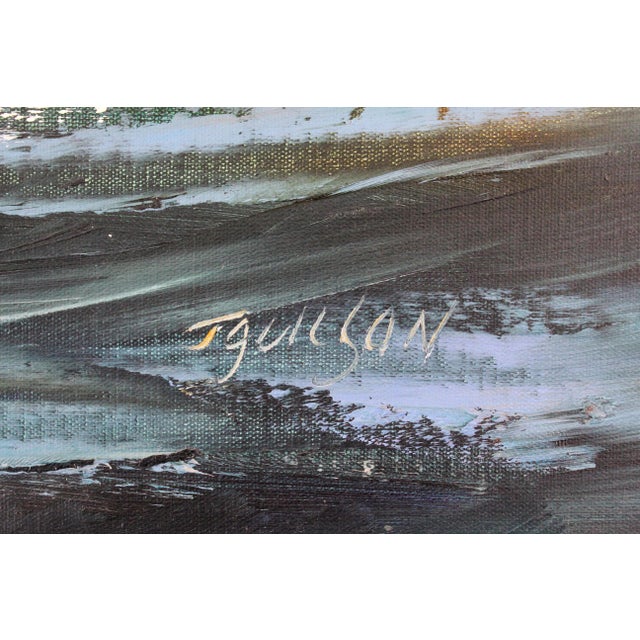 A striking mid-20th-century maritime oil painting depicting a tall ship navigating rolling ocean waves beneath a luminous,...