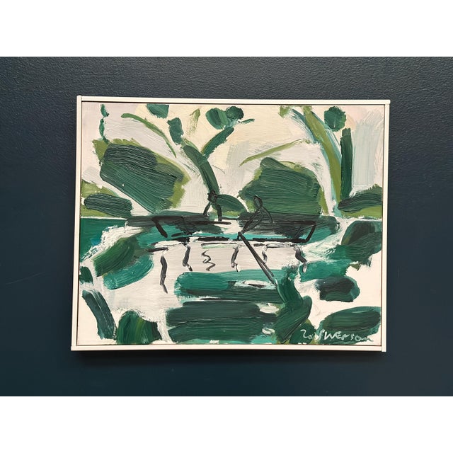 Bo Swenson, Rowboats in a Green Landscape, 2004, Oil Painting on Canvas, Framed For Sale - Image 14 of 18