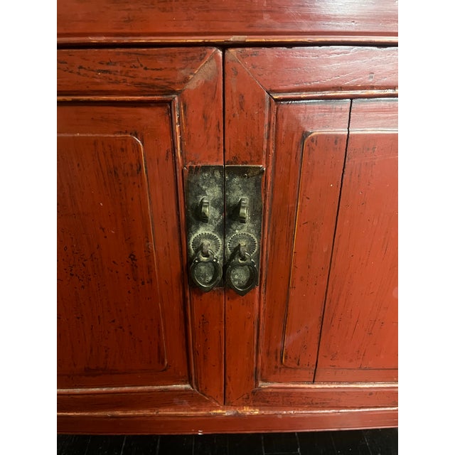 Late Qing Dynasty Red Lacquer Elmwood Accent Cabinet - Distressed Finish For Sale - Image 4 of 12